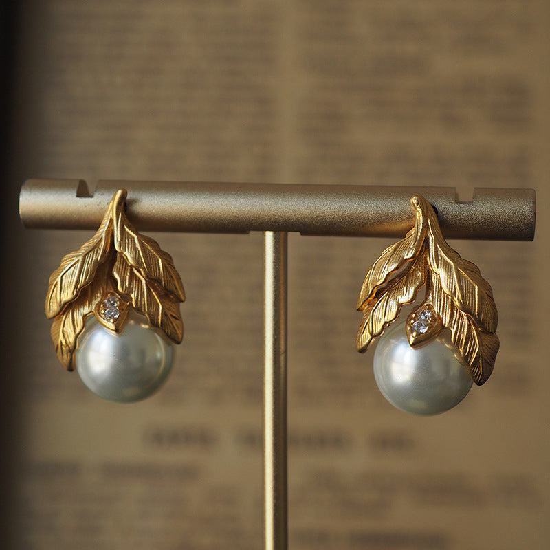 Elegant Botanical Leaf Gold Plated Pearl Copper Drop Earrings Wholesale
