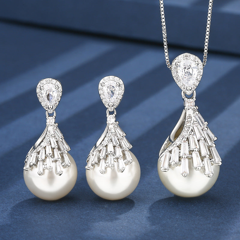 Drop White Silver Pearl Cubic Zirconia Necklace Earring Set Women Bulk