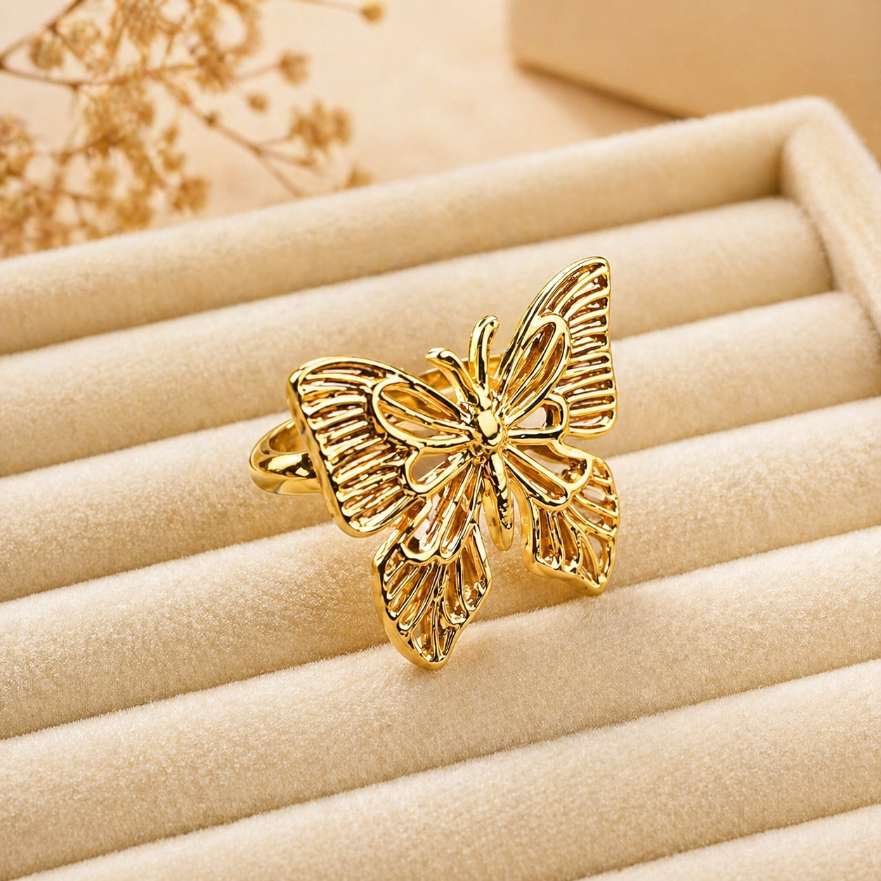 Gold Filigree Monarch Butterfly Ring – Intricate Openwork Statement Cocktail Ring