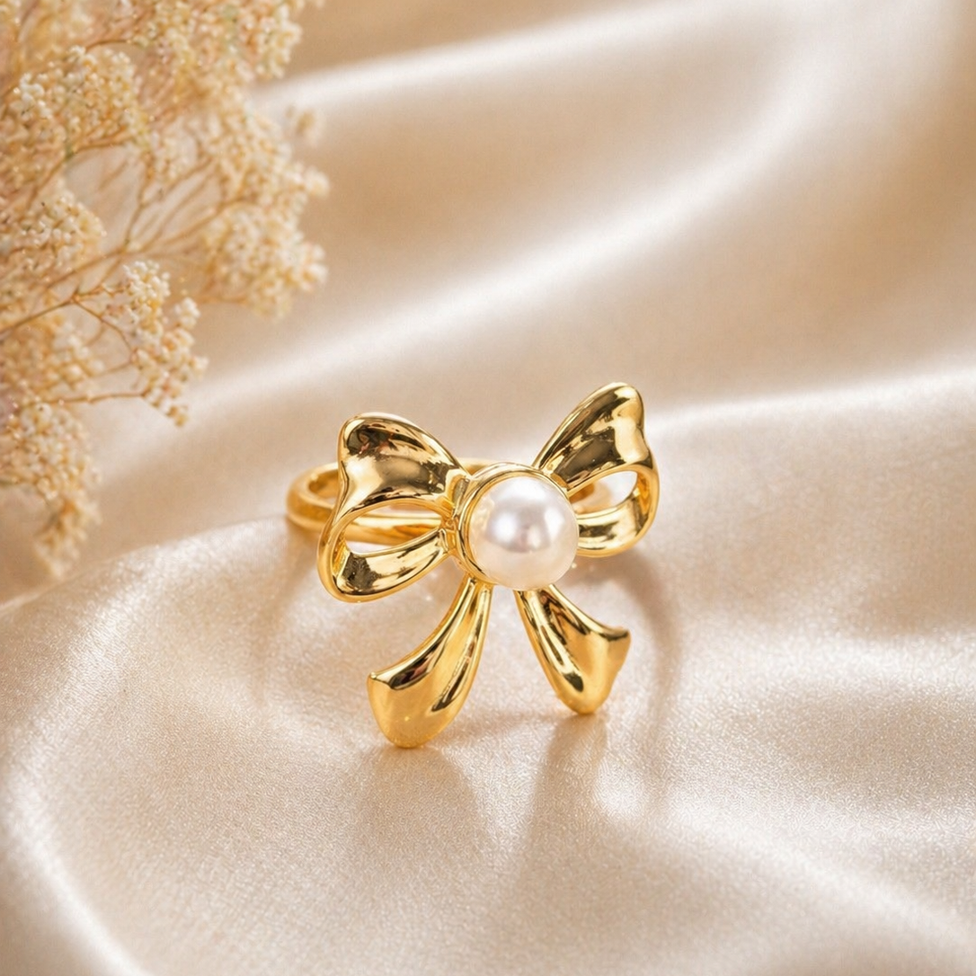 18K Gold Plated Pearl Bow Statement Ring | Romantic Ribbon Jewellery