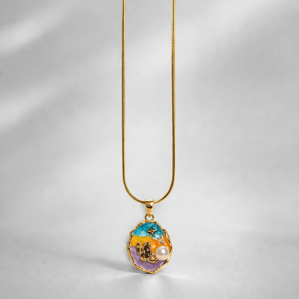 Celeste Textured Gold Teardrop Pendant – Abstract Mixed Gemstone Statement Necklace