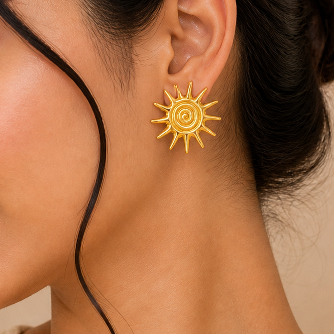 18K Gold Plated Solar Flare Earrings | Spiral Sun Statement Studs | Stainless Steel