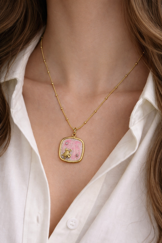 Ocean Breeze Pink Enamel Pendant – Gold Sea Turtle Square Medallion Necklace