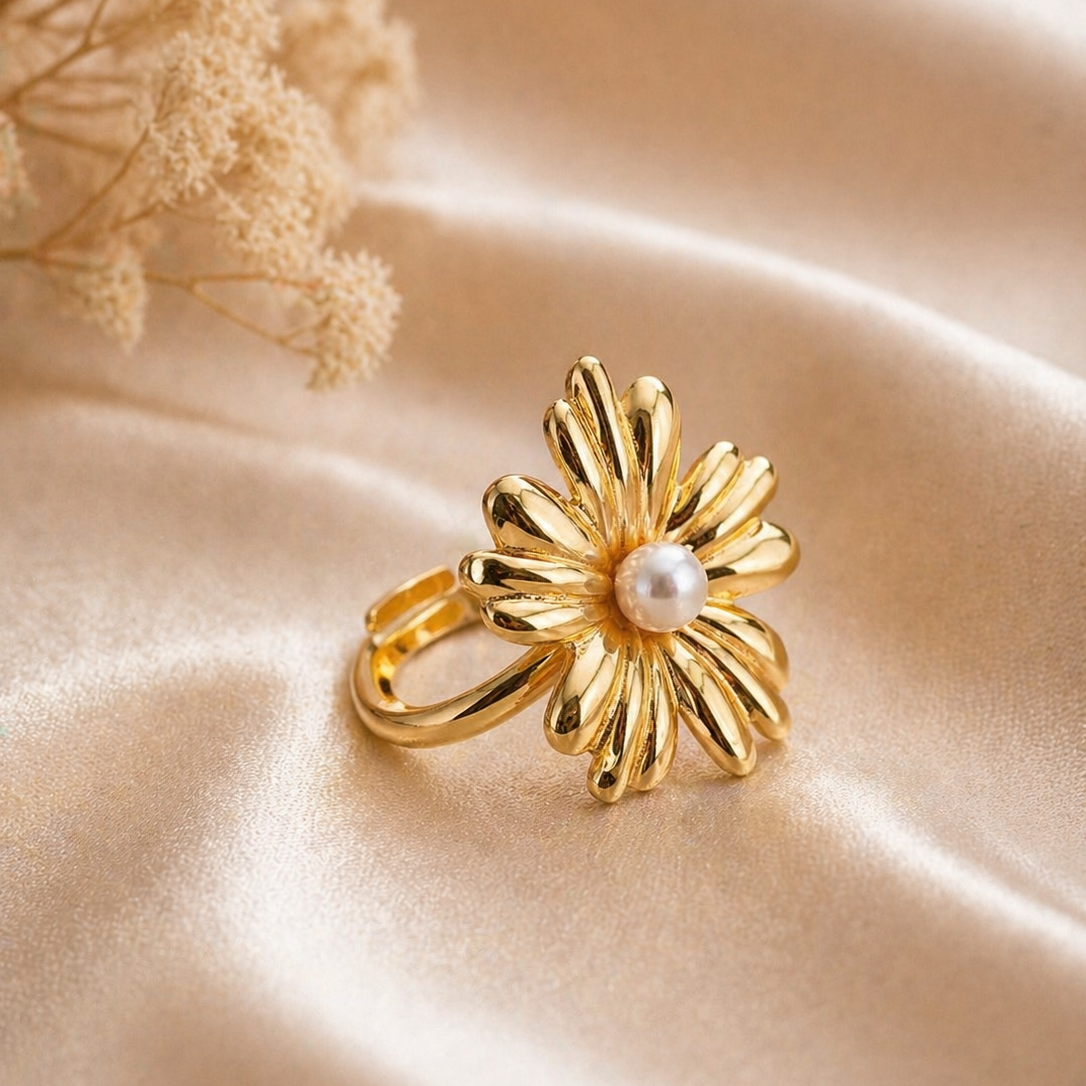 Gold Daisy Pearl Statement Ring – Adjustable Floral Cocktail Ring for Women