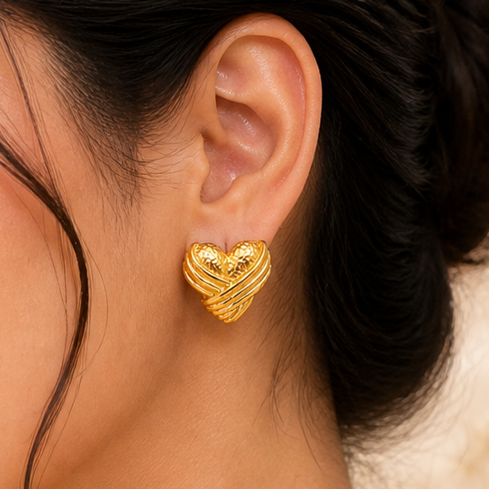 Textured Gold Heart Stud Earrings – Ribbed & Hammered Statement Heart Jewelry
