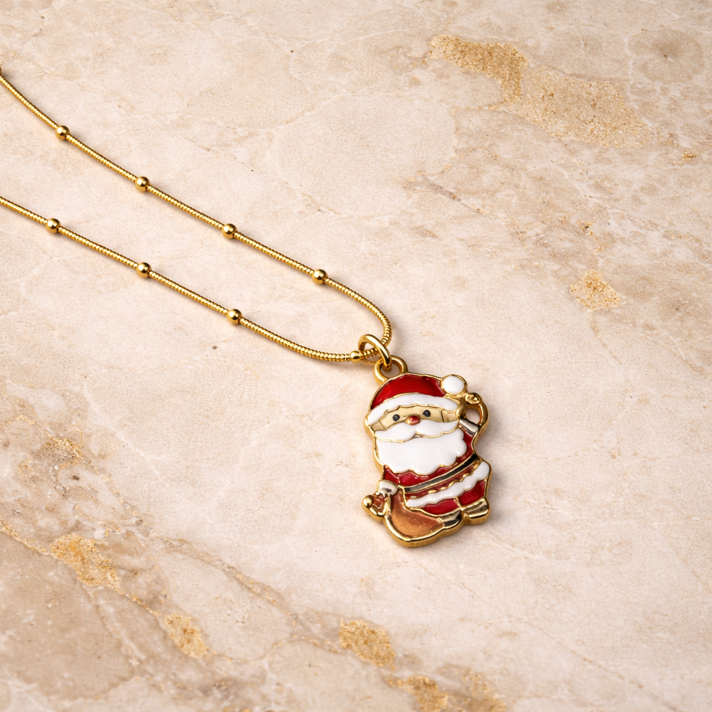 Jolly Santa Claus Enamel Pendant – Gold Beaded Snake Chain Christmas Necklace