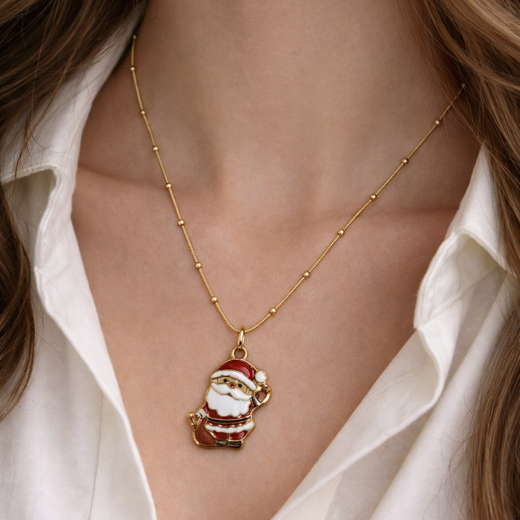 Jolly Santa Claus Enamel Pendant – Gold Beaded Snake Chain Christmas Necklace
