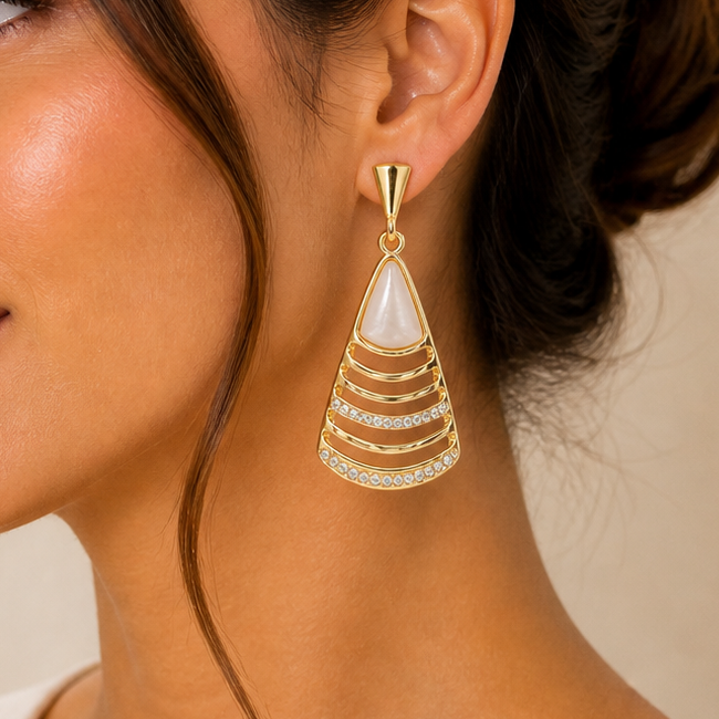 Vintage Gold Geometric Trapeze Drop Earrings - Art Deco Acrylic and Crystal Statement Dangles