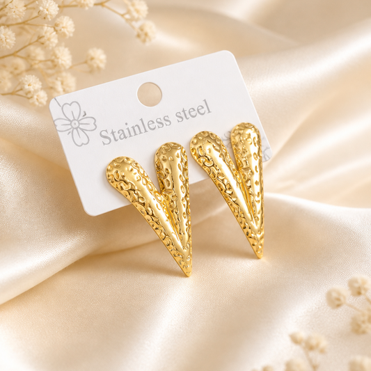 Textured Gold Abstract V-Shape Studs – Hammered Molten Statement Earrings