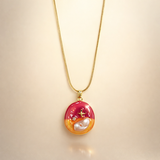 Sunset Ombre Enamel Oval Pendant – Gold Snake Chain Necklace with Baroque Pearl