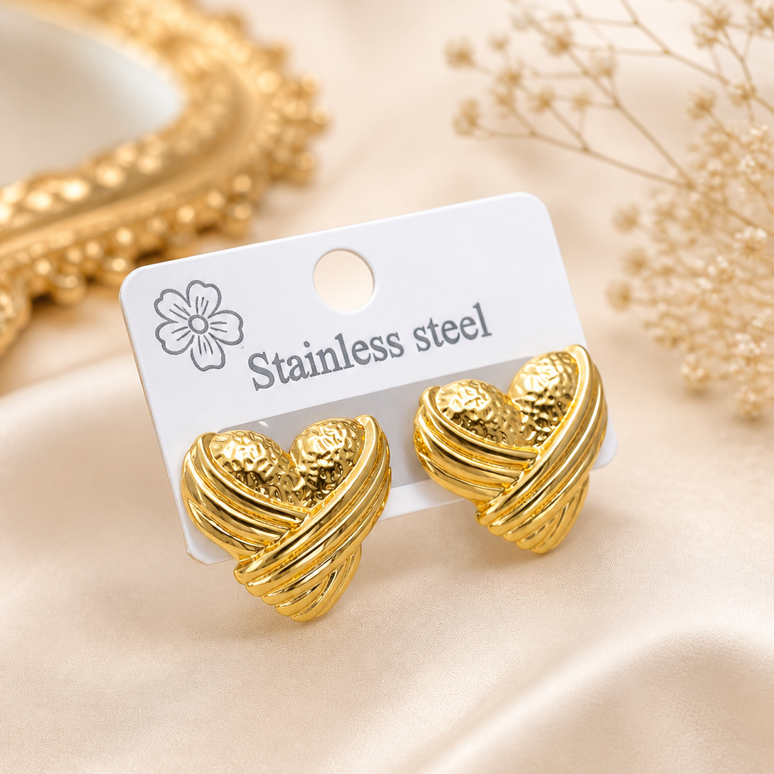 Textured Gold Heart Stud Earrings – Ribbed & Hammered Statement Heart Jewelry