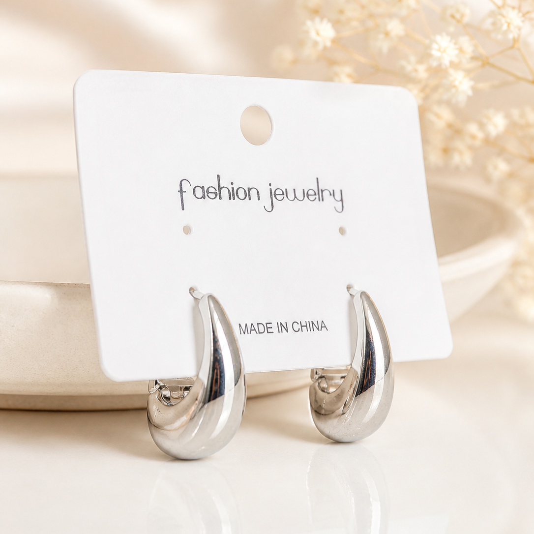 Chunky Silver Teardrop Hoop Earrings - Minimalist Bold Waterdrop Huggie Hoop Earrings