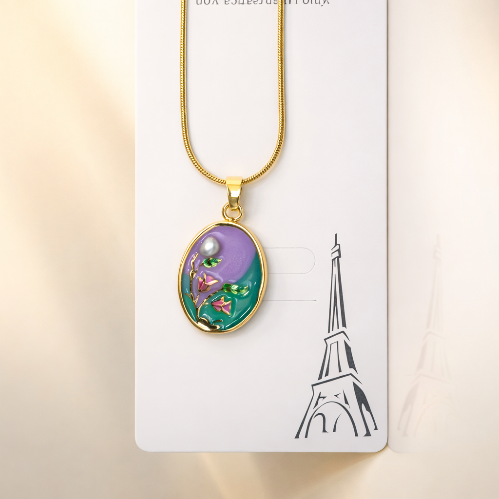 Secret Garden Enamel Oval Pendant – Gold Box Chain Necklace with Pearl Accent