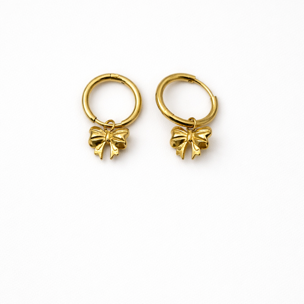 old Bow Charm Huggie Hoop Earrings | Stainless Steel Ribbon Drop Hoops