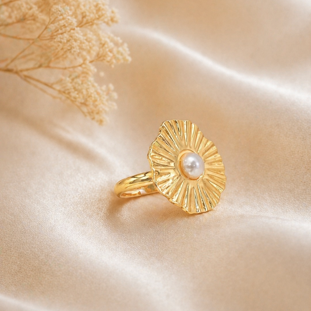 Gold Sunburst Pearl Statement Ring | Elegant Vintage Style for Weddings & Special Occasions