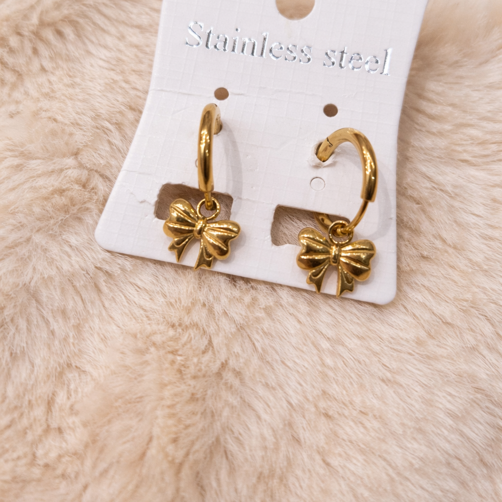 old Bow Charm Huggie Hoop Earrings | Stainless Steel Ribbon Drop Hoops