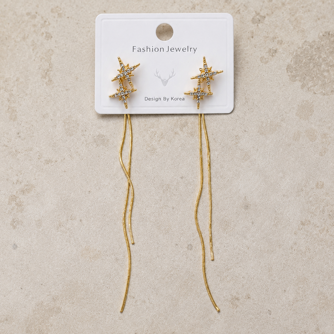 Celestial Crystal Starburst Dangle Earrings - Korean Style Gold Long Chain Threader Earrings