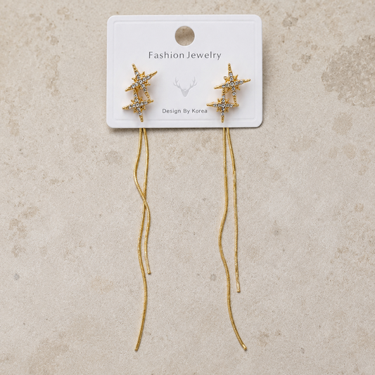 Celestial Crystal Starburst Dangle Earrings - Korean Style Gold Long Chain Threader Earrings