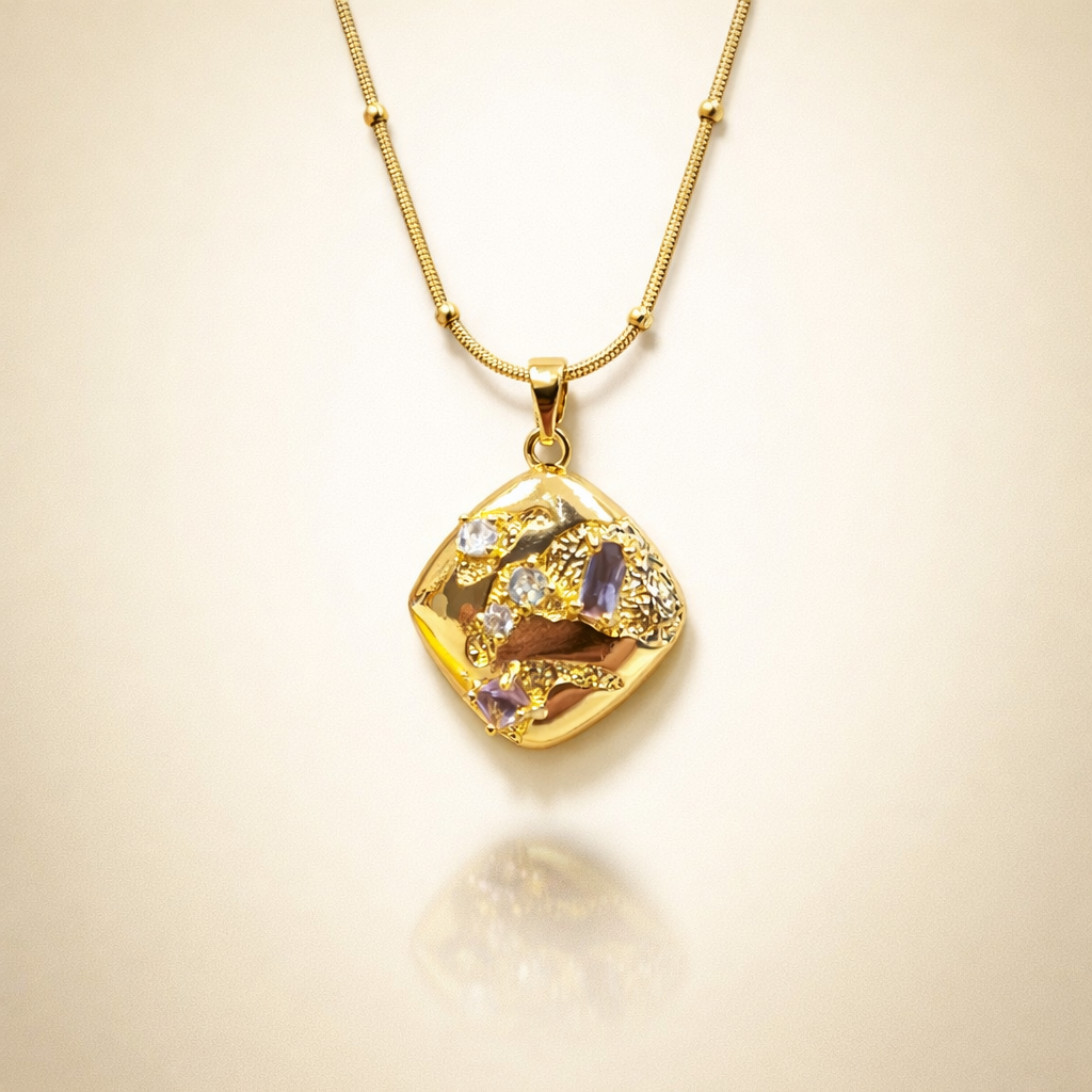 Aurelia Textured Gold Diamond Pendant – Abstract Mixed Gemstone Statement Necklace