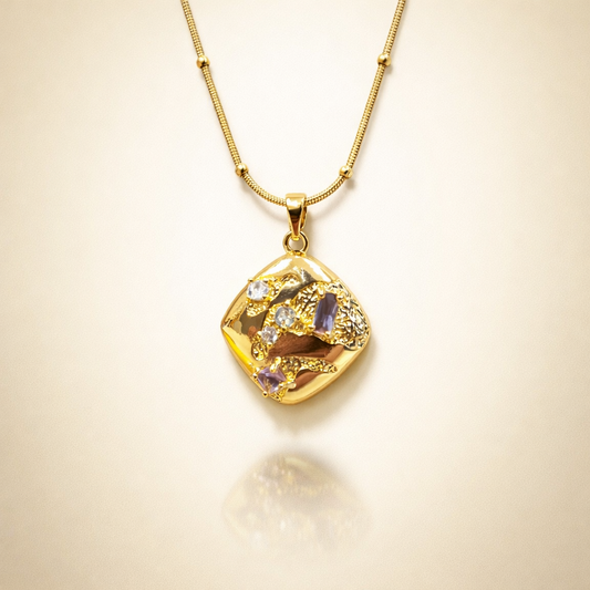 Aurelia Textured Gold Diamond Pendant – Abstract Mixed Gemstone Statement Necklace