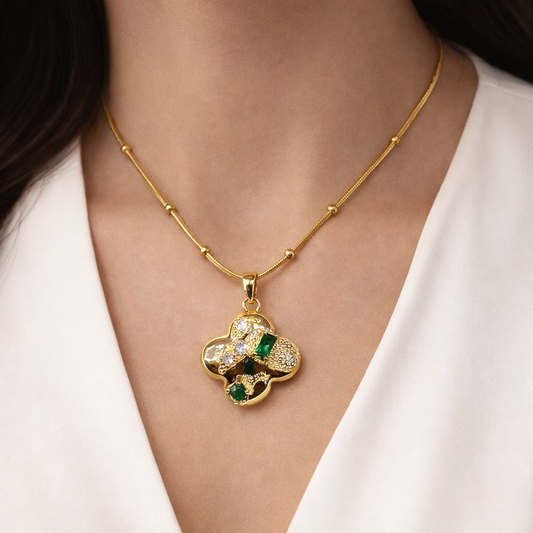 Verdant Clover Textured Gold Pendant – Emerald Green & Diamond Accent Necklace