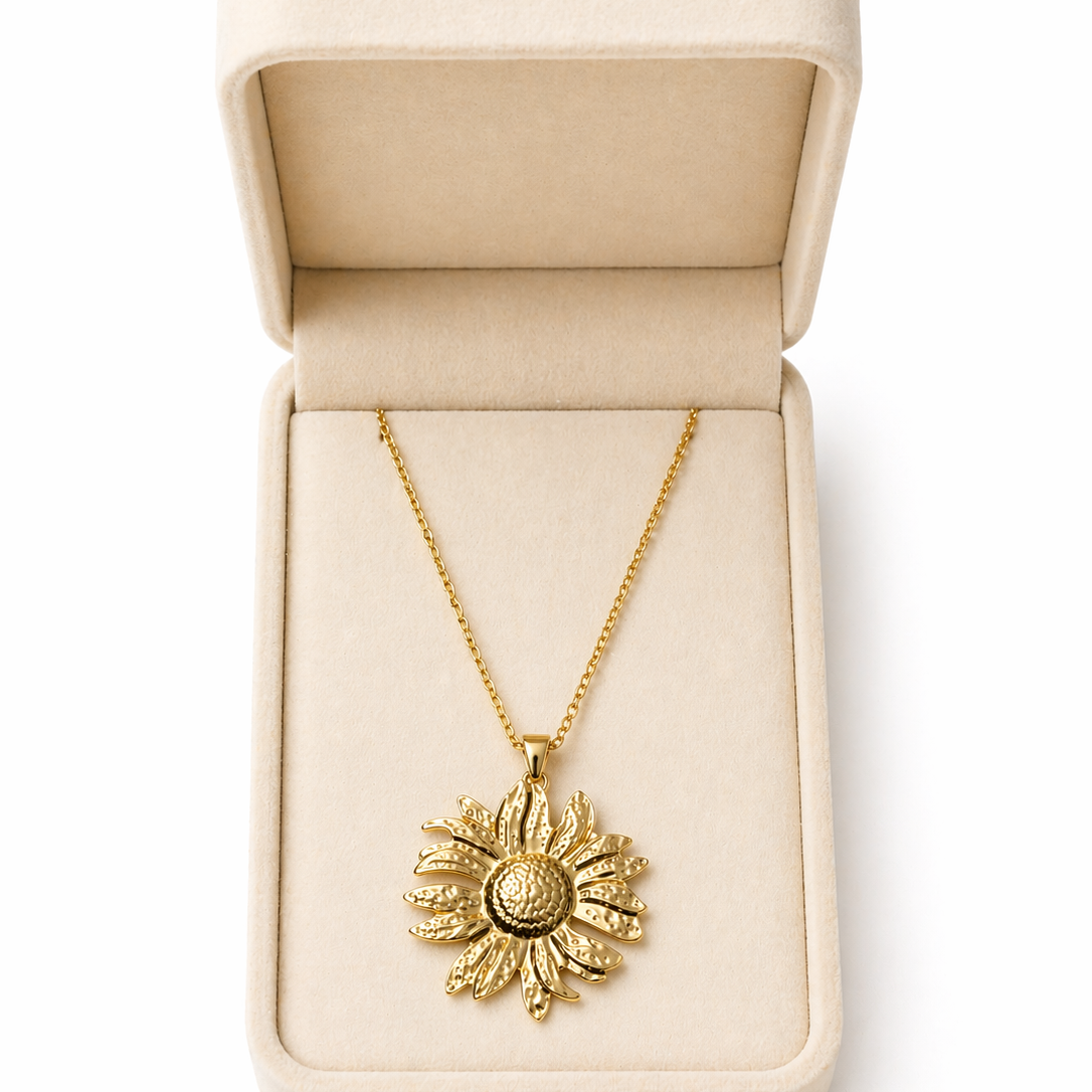 Solis Textured Gold Sunflower Pendant – Detailed Flower Statement Necklace