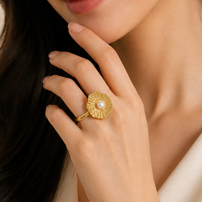 Gold Sunburst Pearl Statement Ring | Elegant Vintage Style for Weddings & Special Occasions