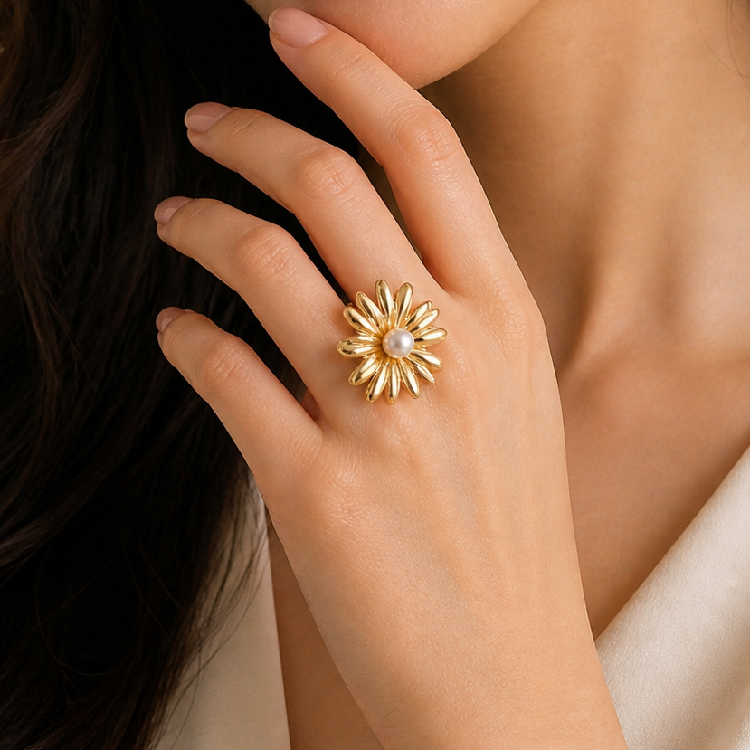 Gold Daisy Pearl Statement Ring – Adjustable Floral Cocktail Ring for Women