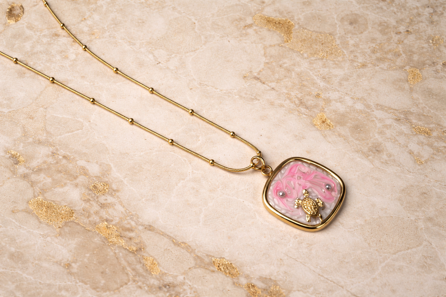 Ocean Breeze Pink Enamel Pendant – Gold Sea Turtle Square Medallion Necklace