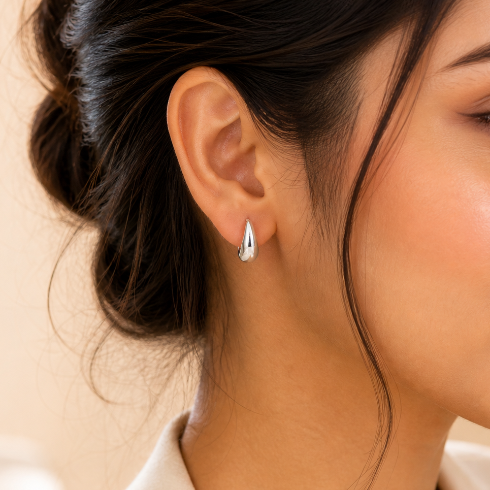 Chunky Silver Teardrop Hoop Earrings - Minimalist Bold Waterdrop Huggie Hoop Earrings