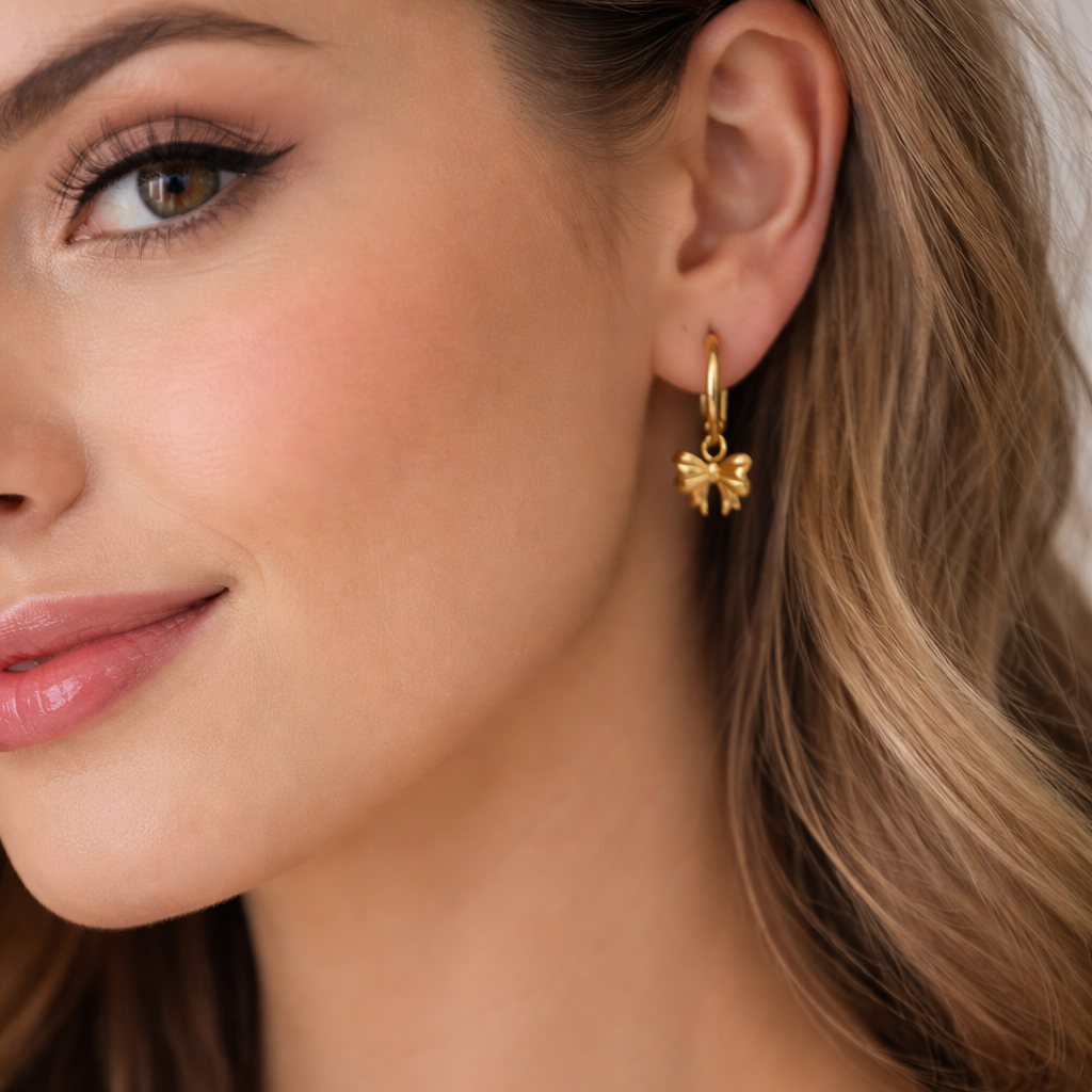 old Bow Charm Huggie Hoop Earrings | Stainless Steel Ribbon Drop Hoops
