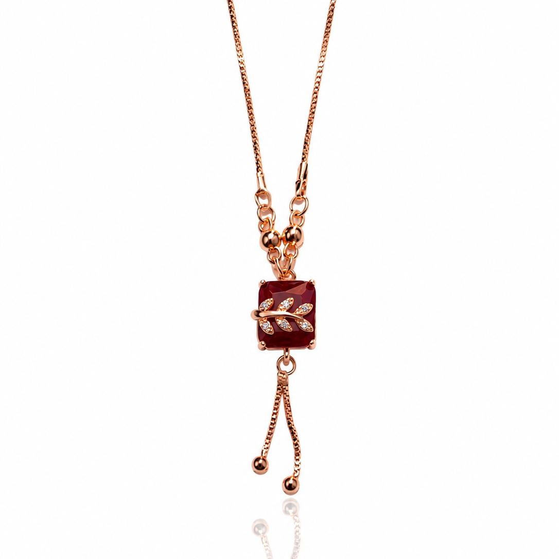 Scarlet Leaf Rose Gold Pendant Necklace – Ruby Red Cushion Cut Pendant