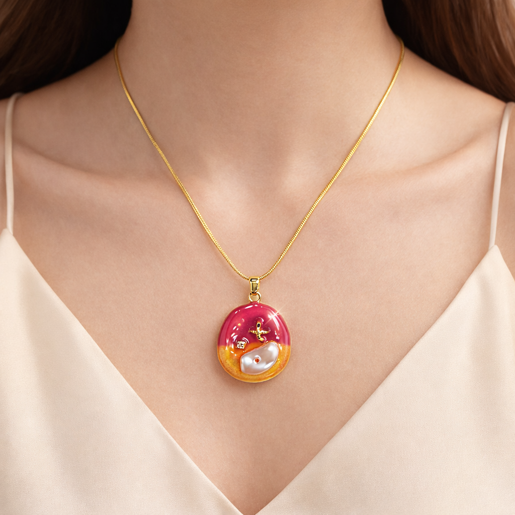 Sunset Ombre Enamel Oval Pendant – Gold Snake Chain Necklace with Baroque Pearl