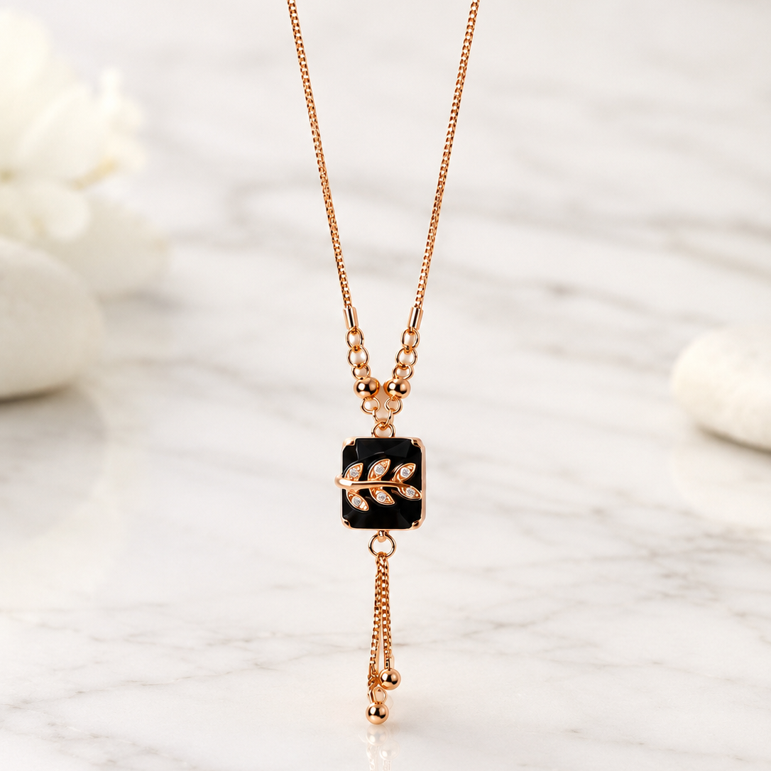 Midnight Leaf Rose Gold Pendant Necklace – Onyx Black Cushion Cut Pendant