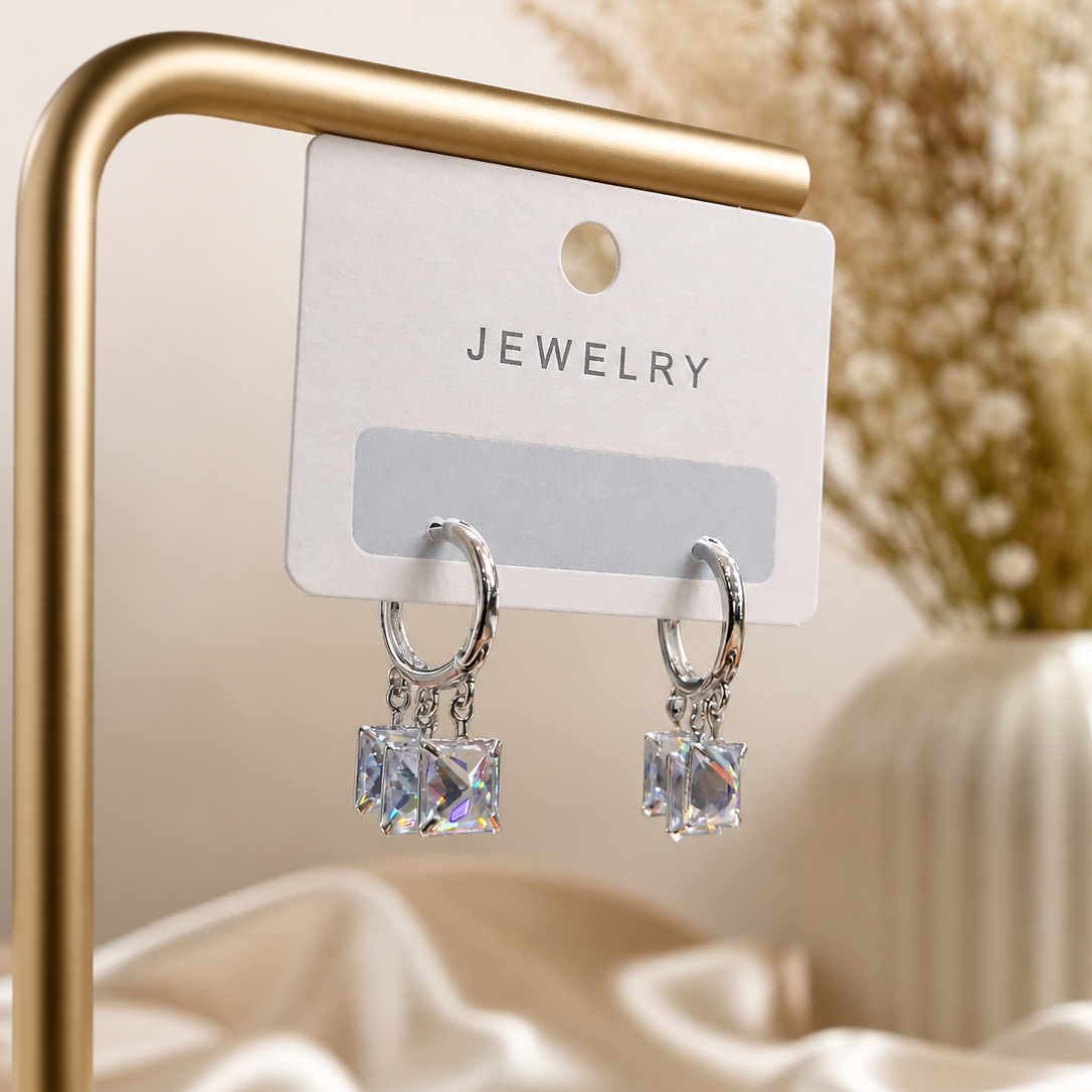 Silver Geometric Crystal Cube Hoop Earrings - Radiant Square Zirconia Charm Huggie Hoops