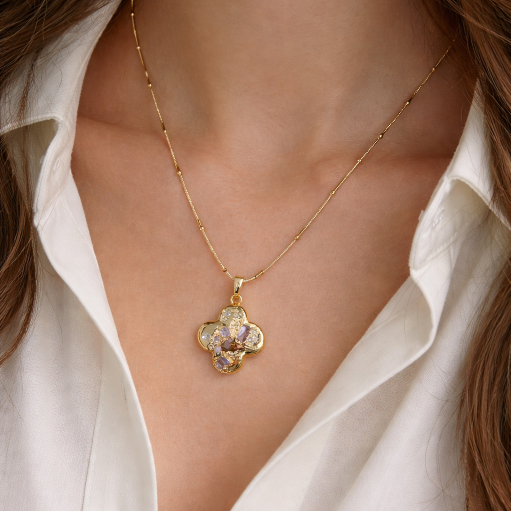 Amethyst Clover Textured Gold Pendant – Lavender Crystal & Diamond Accent Necklace