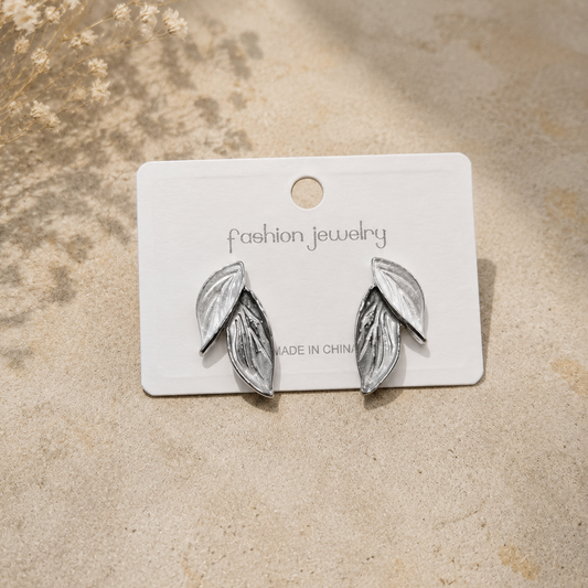 Textured Matte Silver Double Leaf Stud Earrings - Vintage Botanical Twin Foil Ear Climbers