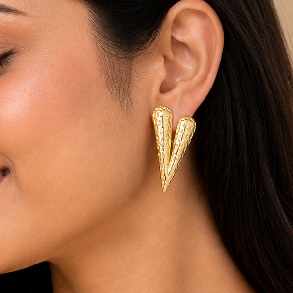 Textured Gold Abstract V-Shape Studs – Hammered Molten Statement Earrings