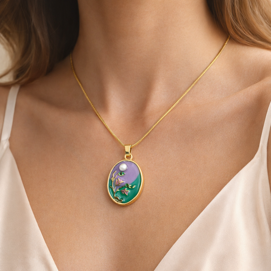 Secret Garden Enamel Oval Pendant – Gold Box Chain Necklace with Pearl Accent