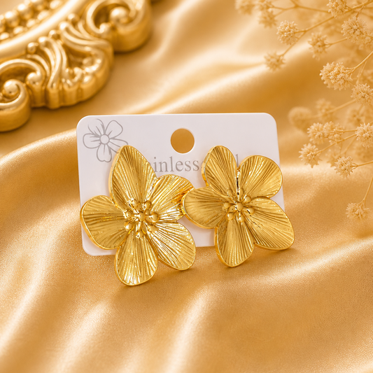 Large Gold Floral Statement Earrings | Tarnish-Free Hypoallergenic Botanical Studs