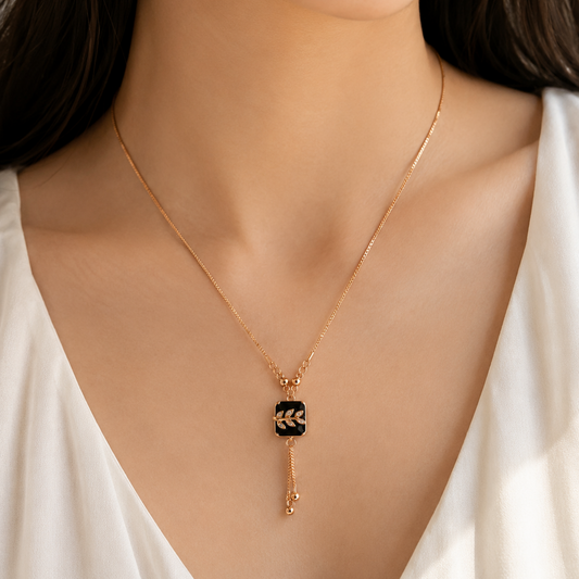 Midnight Leaf Rose Gold Pendant Necklace – Onyx Black Cushion Cut Pendant
