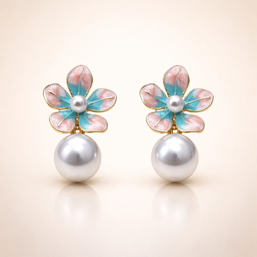 Pastel Meenakari Floral Pearl Drop Earrings - Enamel Flower Gold-Plated Statement Dangles