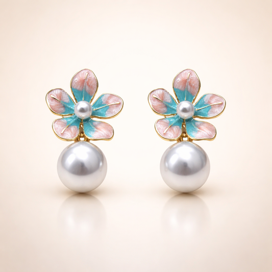 Pastel Meenakari Floral Pearl Drop Earrings - Enamel Flower Gold-Plated Statement Dangles