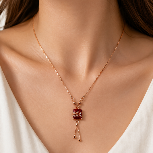 Scarlet Leaf Rose Gold Pendant Necklace – Ruby Red Cushion Cut Pendant