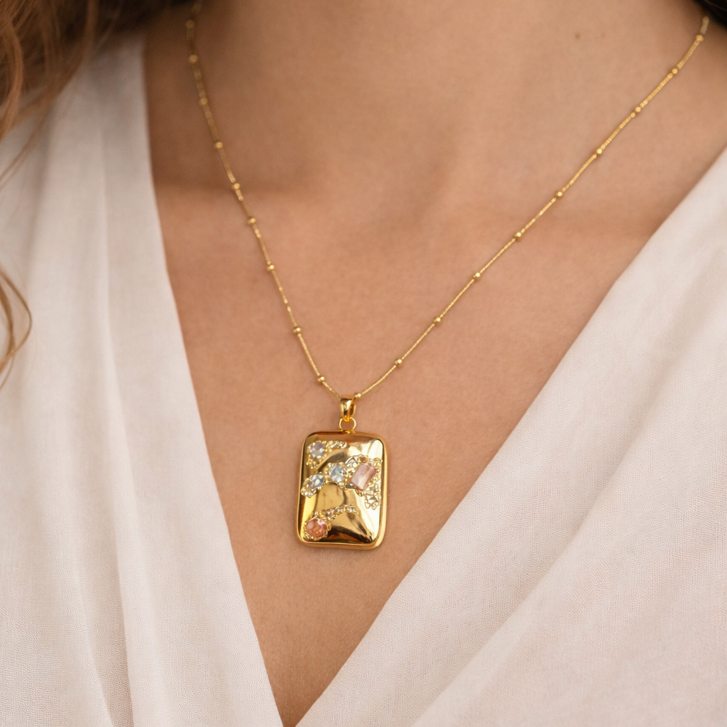 Lyra Textured Gold Rectangular Pendant – Abstract Mixed Gemstone Statement Necklace
