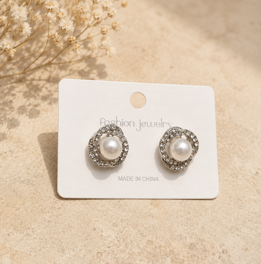 Elegant Faux Pearl and Crystal Halo Stud Earrings - Silver-Tone Swirl Statement Earrings