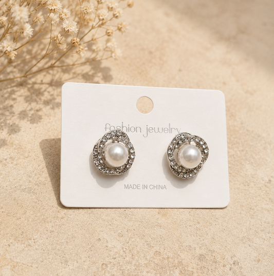 Elegant Faux Pearl and Crystal Halo Stud Earrings - Silver-Tone Swirl Statement Earrings