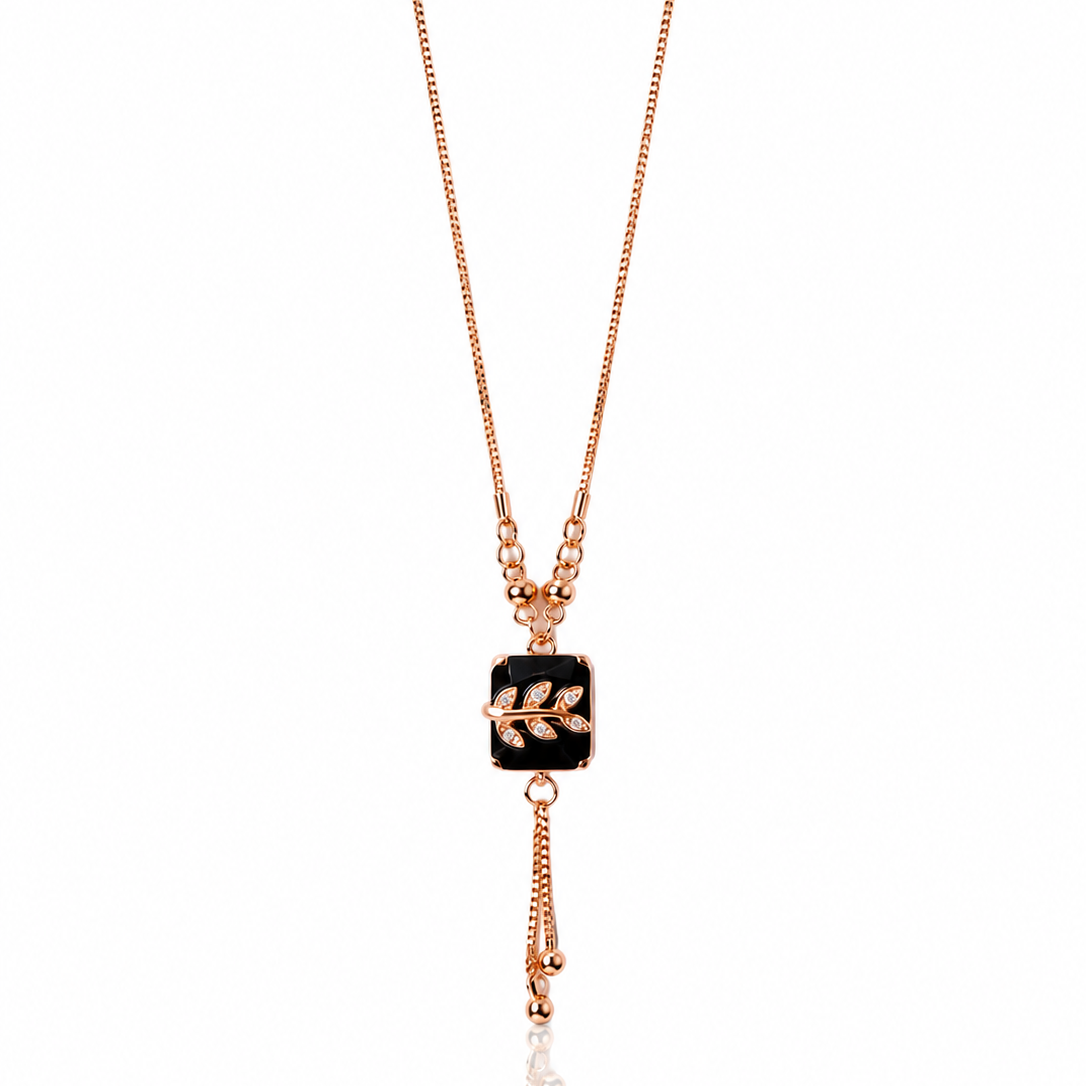 Midnight Leaf Rose Gold Pendant Necklace – Onyx Black Cushion Cut Pendant
