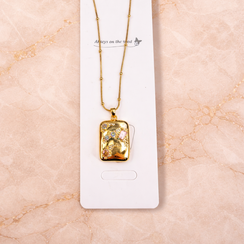 Lyra Textured Gold Rectangular Pendant – Abstract Mixed Gemstone Statement Necklace