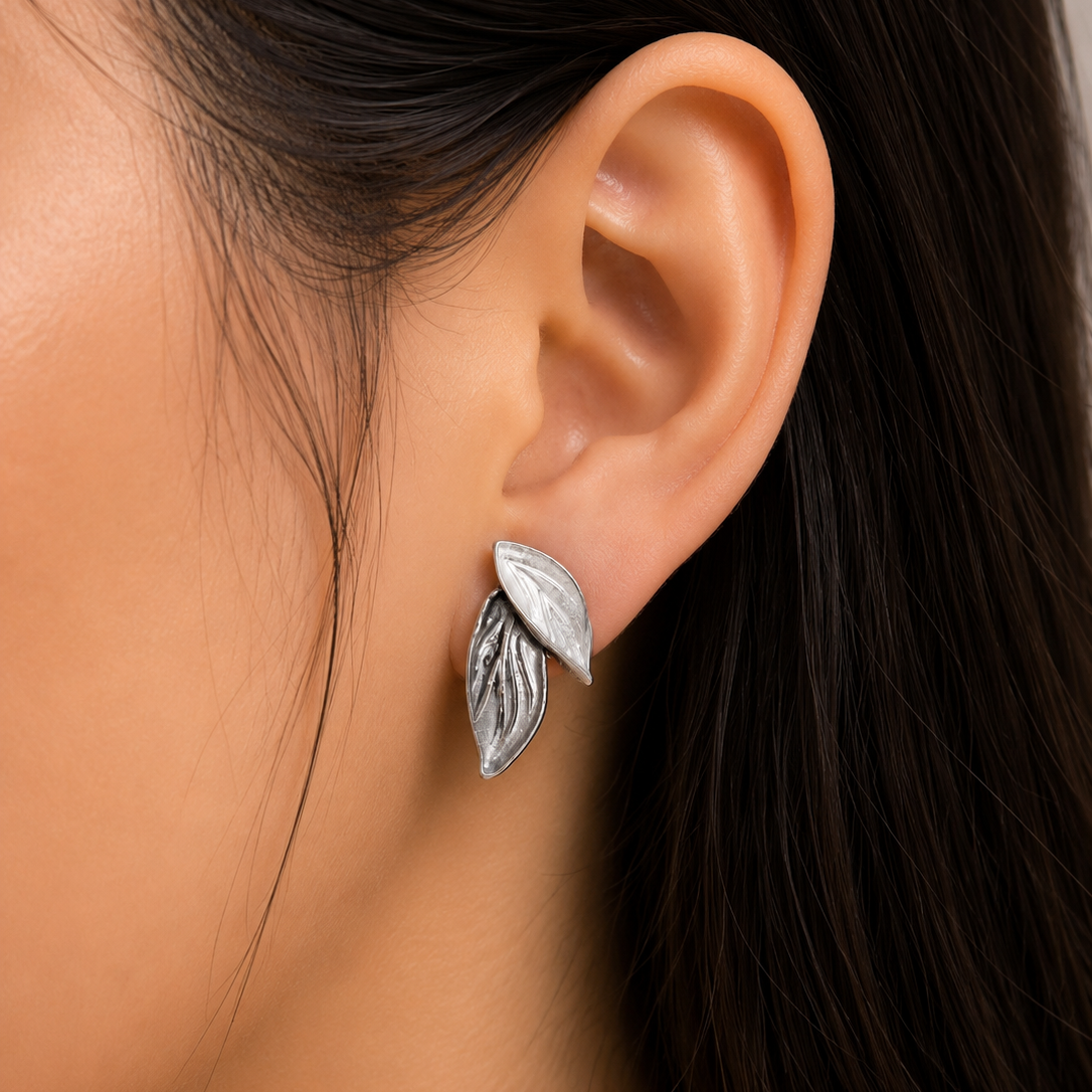 Textured Matte Silver Double Leaf Stud Earrings - Vintage Botanical Twin Foil Ear Climbers